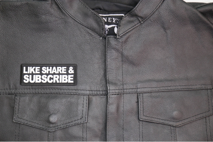 Like Share Subscribe Patch, Funny Saying Patches, Sew or Iron on Patch shown on leather vest