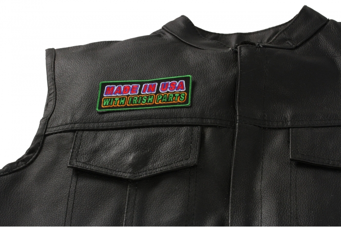 Made In USA With Irish Parts Patch - 4x1.5 inch shown on leather vest