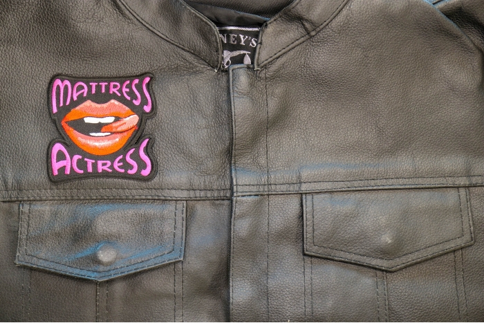 Mattress Actress Patch shown on leather vest