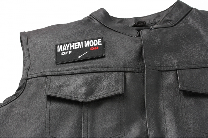 Mayhem Mode On Patch - 3.5x2 inch. Embroidered Iron on Patch shown on leather vest