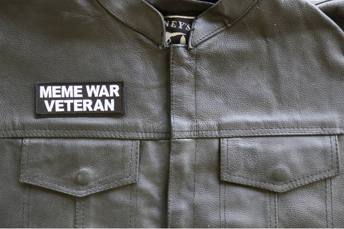 Meme War Veteran Patch, Funny Saying Patches, Sew or Iron on Patch shown on leather vest