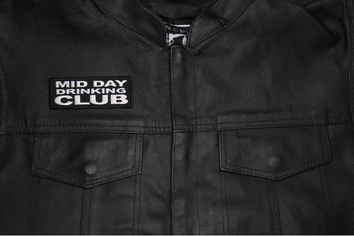 Mid Day Drinking Club Patch shown on leather vest