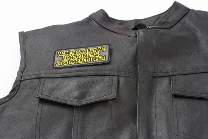 Money Can Buy Me Happiness Its Called Beer Patch, Funny Saying Patches shown on leather vest