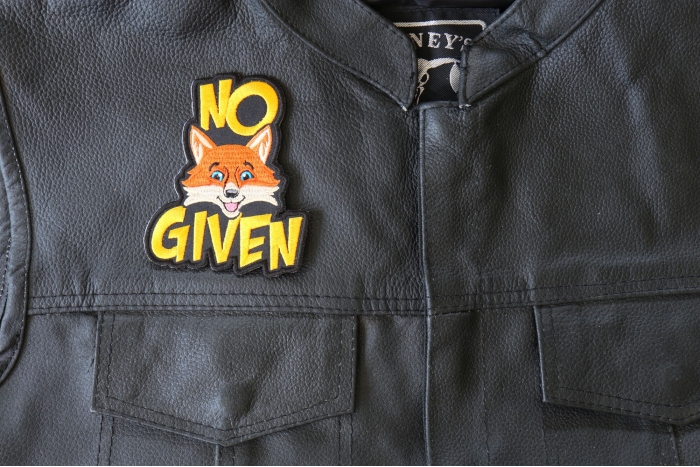 No Fox Given Funny Patch - 3.3x4 inch - Embroidered Iron on Patch shown on leather vest