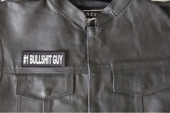 Number 1 Bullshit Guy Patch, Funny Saying Patches shown on leather vest