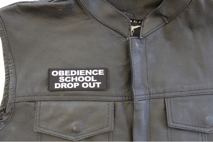 Obedience School Drop Out Patch, Funny Saying Patches shown on leather vest
