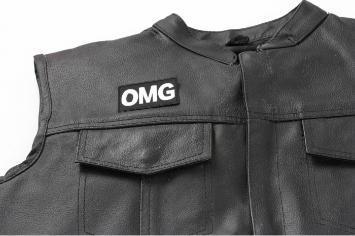 Omg Patch - 2.5x1.5 in. Embroidered Iron on Patch shown on leather vest