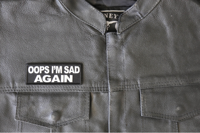 Opps I'm Sad Again Patch, Funny Saying Patches shown on leather vest