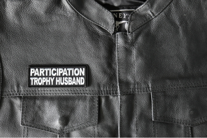 Participation Trophy Husband Patch - 4x1.5 inch - Embroidered Iron on Patch shown on leather vest