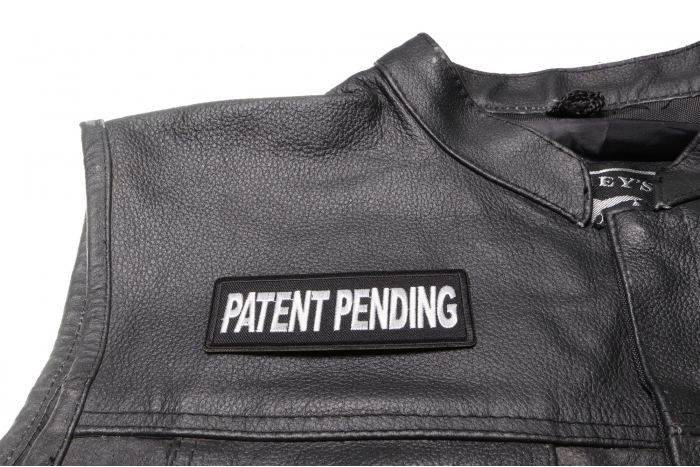 Patent Pending Patch, Funny Saying Patches shown on leather vest