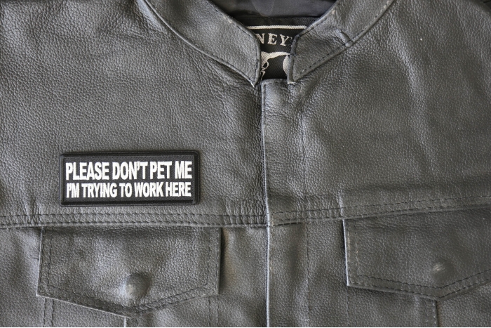 Please Don't Pet Me I'm Trying to Work Here Patch, Funny Saying Patches, Sew or Iron on Patch shown on leather vest
