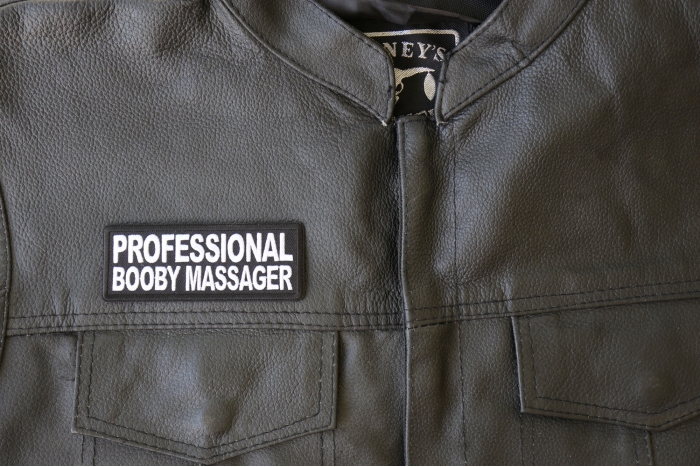 Professional Booby Massager Patch, Funny Saying Patches, Sew or Iron on Patch shown on leather vest