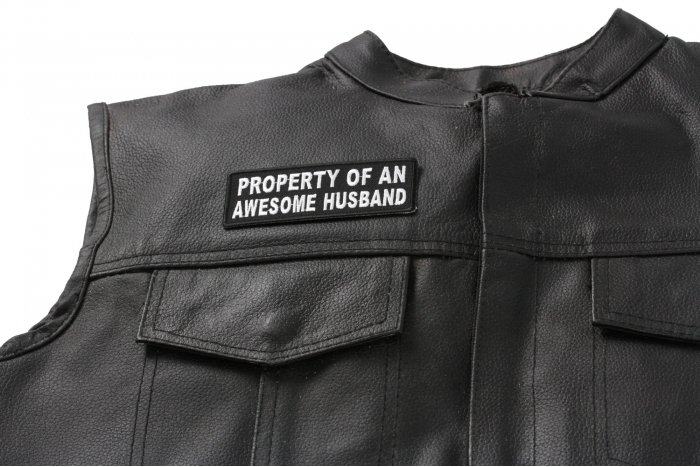 Property Of An Awesome Husband Patch, Funny Saying Patches shown on leather vest