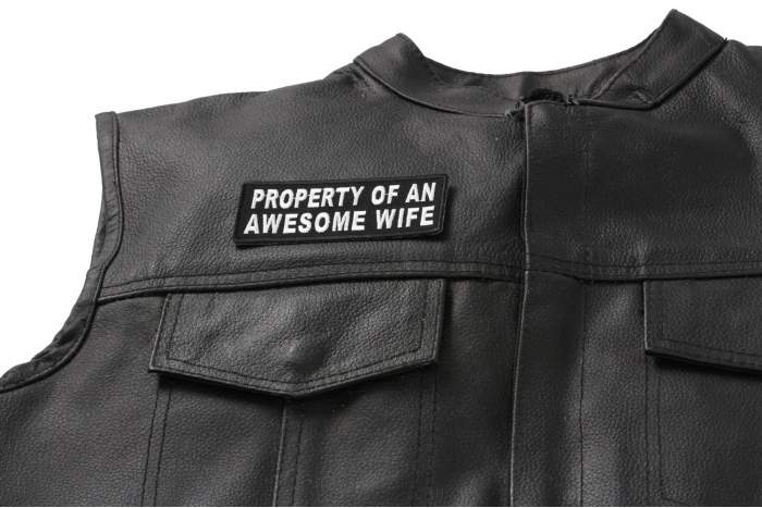 Property Of An Awesome Wife Patch - 4x1.5 inch shown on leather vest