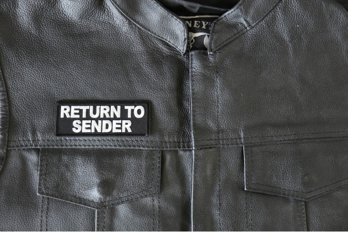 Return To Sender Patch, Funny Saying Patches shown on leather vest