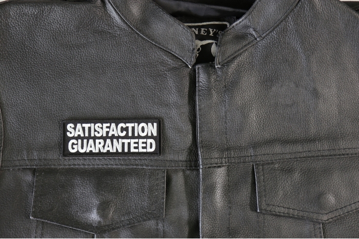 Satisfaction Guaranteed Patch, Funny Saying Patches, Sew or Iron on Patch shown on leather vest