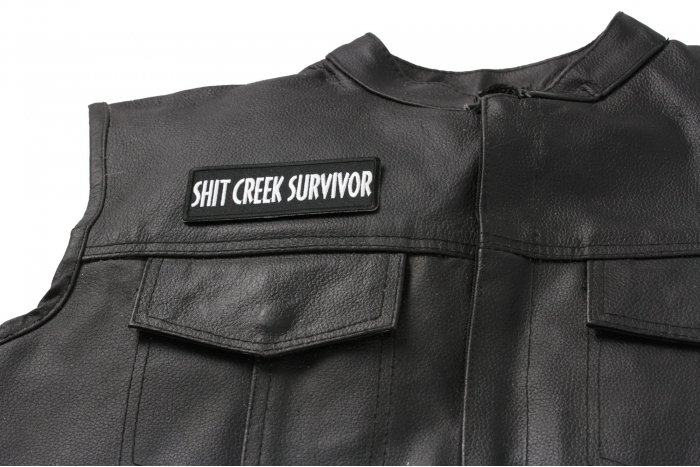 Shit Creek Survivor Patch, Funny Patches for Adults shown on leather vest