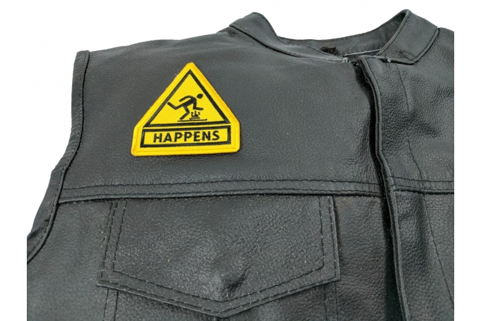 Shit Happens Patch, Funny Patches shown on leather vest