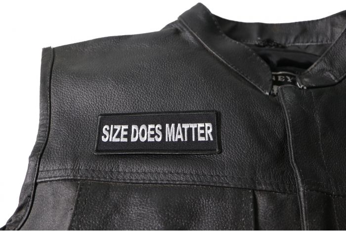 Size Does Matter Patch, Funny Patches for Ladies shown on leather vest