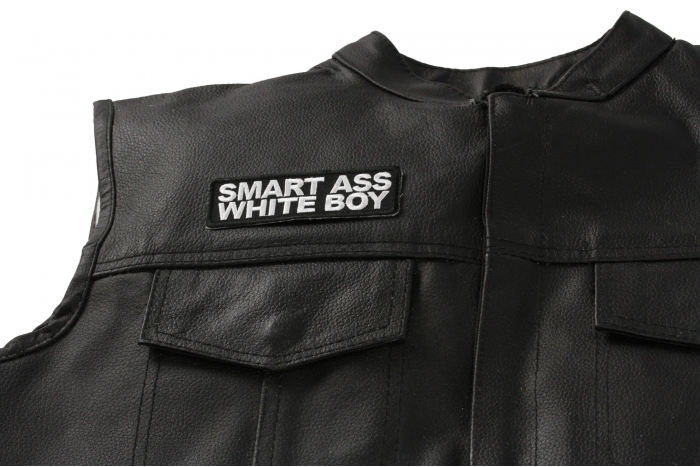 Smart Ass White Boy Patch - 4x1.25 inch shown on leather vest