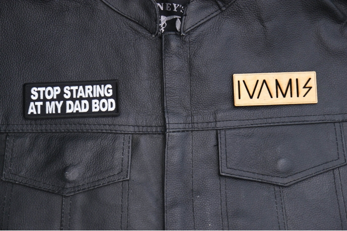Stop Staring at My Dad Bod Patch, Funny Saying Patches, Sew or Iron on shown on leather vest