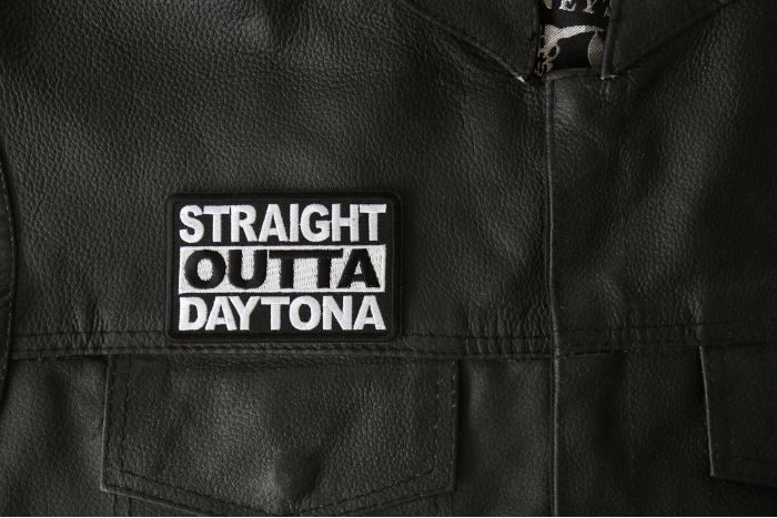 Straight Outta Daytona Patch, Biker Sayings shown on leather vest