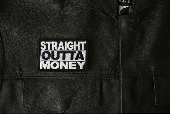 Straight Outta Money Patch, Funny Saying Patches shown on leather vest