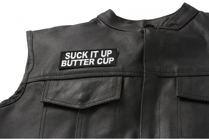 Suck It Up Butter Cup Patch, Biker Sayings shown on leather vest