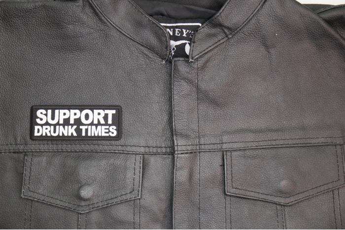 Support Drunk Times Patch, Funny Saying Patches, Sew or Iron on Patch shown on leather vest