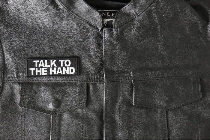 Talk to the Hand Patch, Funny Saying Patches shown on leather vest