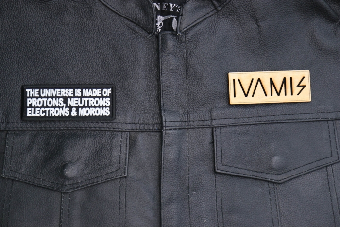 The Universe is made of protons neutrons electrons and morons patch, Funny Saying Patches, Sew or Iron on shown on leather vest