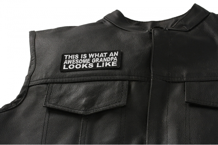 This Is What An Awesome Grandpa Looks Like Patch, Funny Saying Patches shown on leather vest