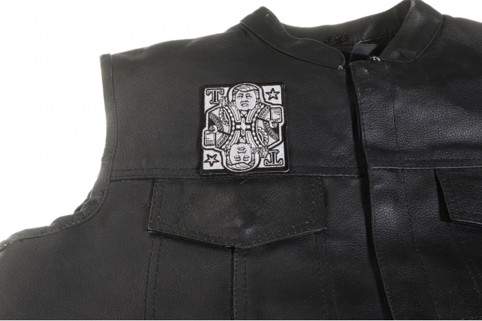 Trump Card Patch Mr Twitter - 2.8x3.5 inch. Embroidered Iron on Patch shown on leather vest