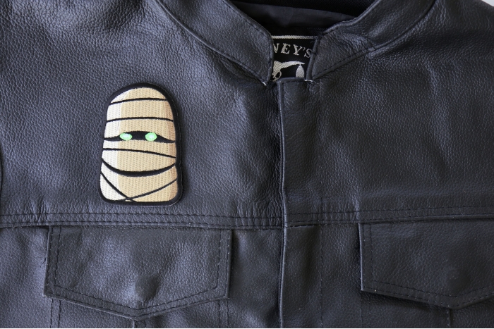 Wacky Mummy Patch - 2.5x3.5 inch - Embroidered Iron on Patch shown on leather vest