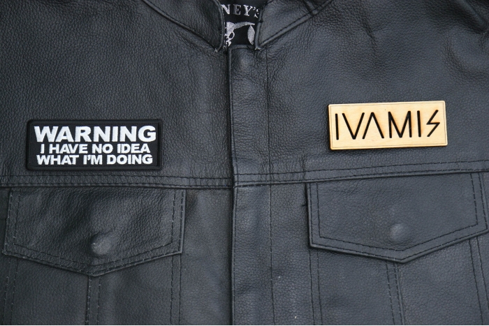 Warning I have no Idea what I'm Doing Patch shown on leather vest