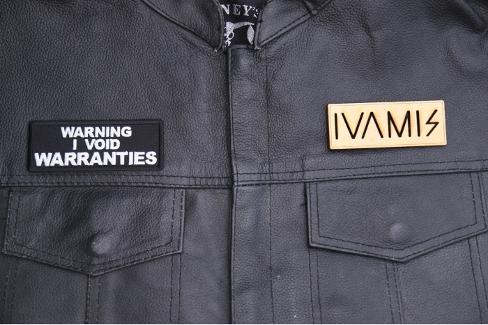 Warning I void warranties Patch, Funny Saying Patches, Sew or Iron on shown on leather vest