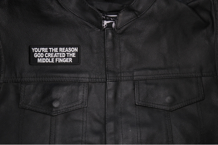 You're Reason God Created the Middle Finger Patch shown on leather vest