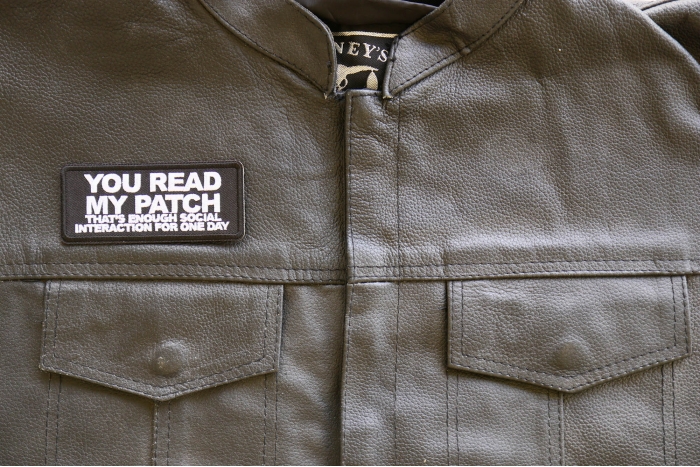 You Read My Patch That's Enough Social Interaction for One Day Patch, Funny Saying Patches shown on leather vest