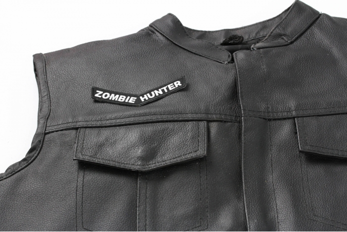 Zombie Hunter Stripe Patch, Funny Saying Patches shown on leather vest
