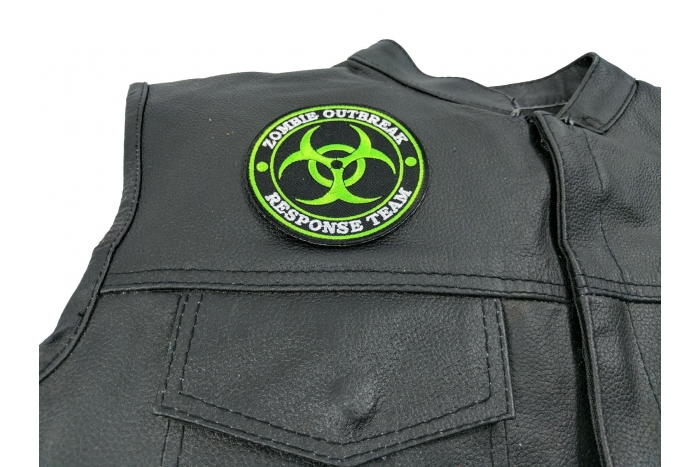 Zombie OutBreak Response Team Green Patch - 3.5x3.5 inch. Embroidered Iron on Patch shown on leather vest