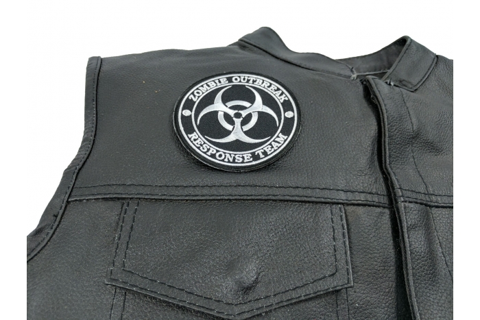 Zombie Outbreak Response Team Patch - 3.5x3.5 inch. Embroidered Iron on Patch shown on leather vest