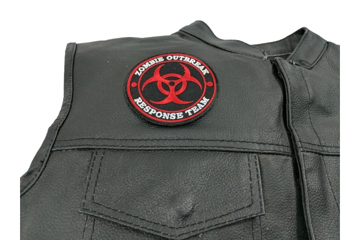 Zombie OutBreak Response Team Red Patch - 3.5x3.5 inch. Embroidered Iron on Patch shown on leather vest