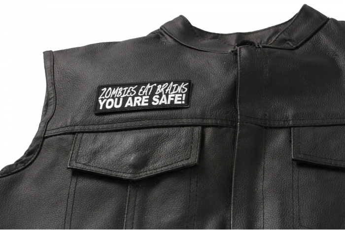 Zombies Eat Brains You Are Safe Patch - 4x1.5 inch shown on leather vest