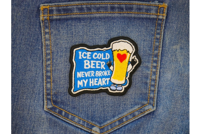 Ice Cod Beer Never Broke My Heart Patch shown on jeans