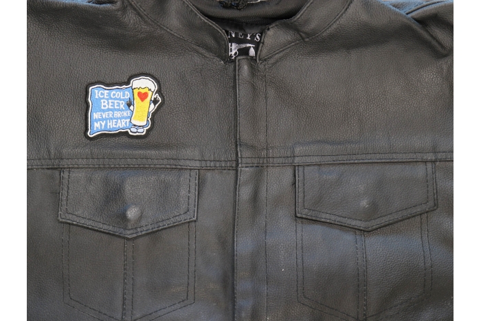 Ice Cod Beer Never Broke My Heart Patch shown on leather vest