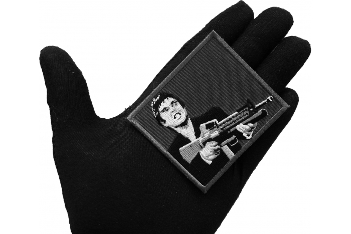 Say Hello to my Little Friend Iron on Patch shown on hand for size comparison