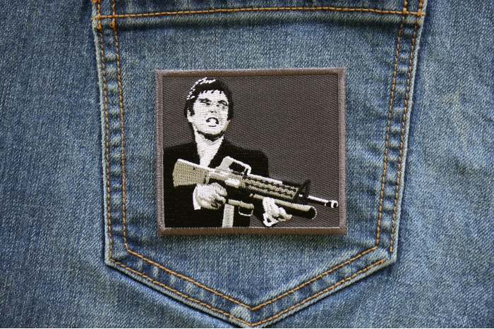 Say Hello to my Little Friend Iron on Patch shown on jeans