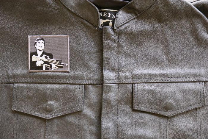 Say Hello to my Little Friend Iron on Patch shown on leather vest