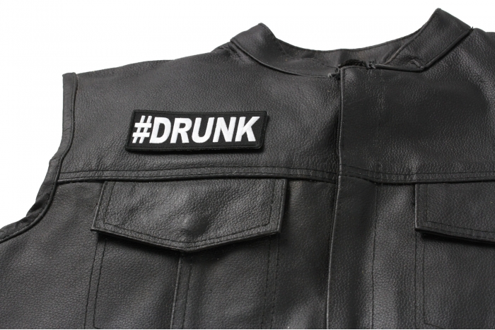 Hashtag Drunk Patch - Iron on Patch - 4x1.5 inch shown on leather vest