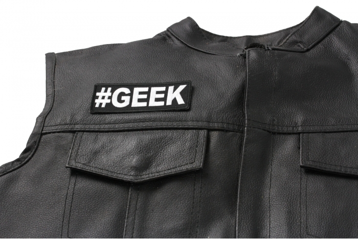 Hashtag Geek Patch - Iron on Patch - 4x1.5 inch shown on leather vest
